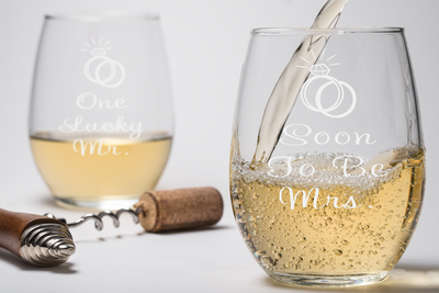 One Lucky Mr. and Soon To Be Mrs. Etched 17 oz. Stemless Wine Glasses Set - Engagement Gift Set, Lead Free Crystal