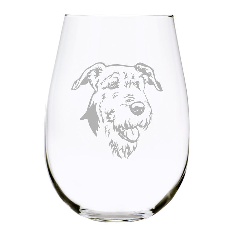 Airedale Terrier themed dog  stemless wine glass, 17 oz.
