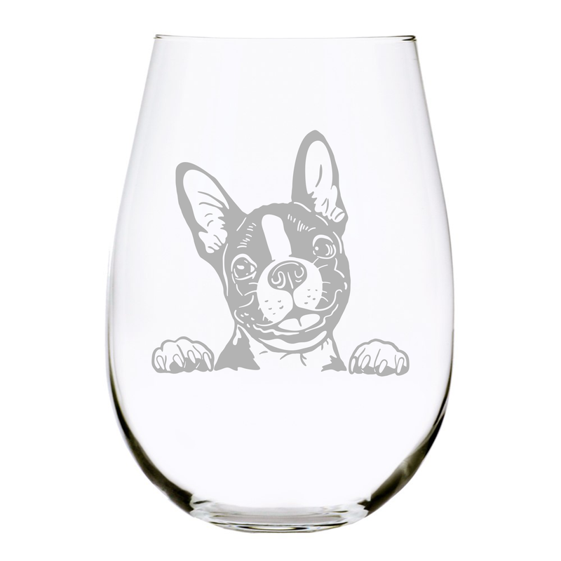 Boston Terrier themed dog stemless wine glass, 17 oz.