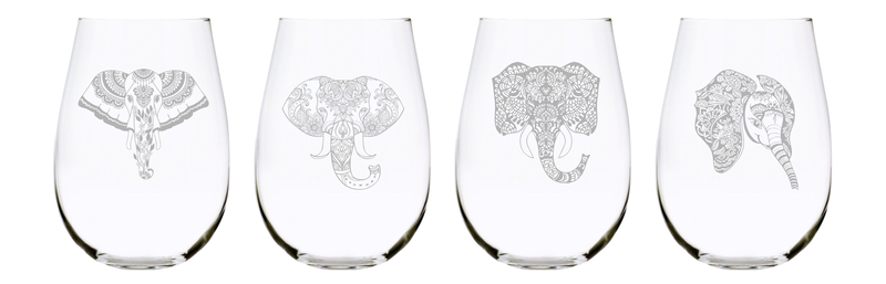 C & M Personal Gifts 4-Pieces Stemless Wine Glass Set – Crystal Wine Glasses with Elephant Engraved Design, Ideal Glass Gift for Anniversaries, Newlyweds, Dinner Parties, Made in USA