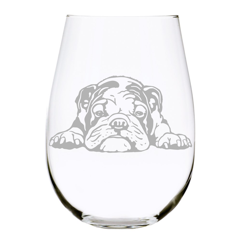 English Bulldog themed, dog stemless wine glass, 17 oz
