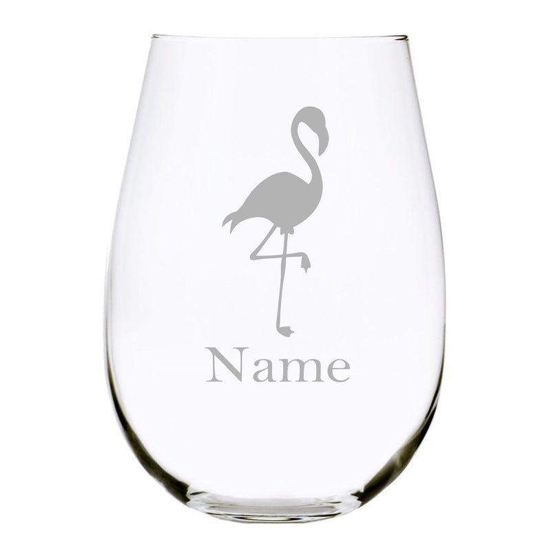 Flamingo with name 17oz. Lead Free Crystal stemless wine glass