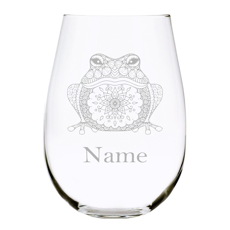 Frog with name 17oz. Lead Free Crystal stemless wine glass