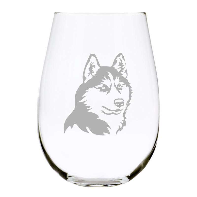 Husky (H1) themed, dog stemless wine glass, 17 oz