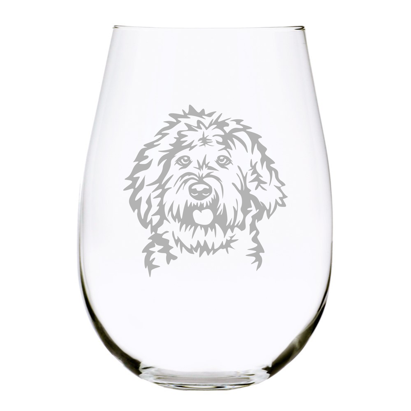 Labradoodle themed, dog stemless wine glass, 17 oz.