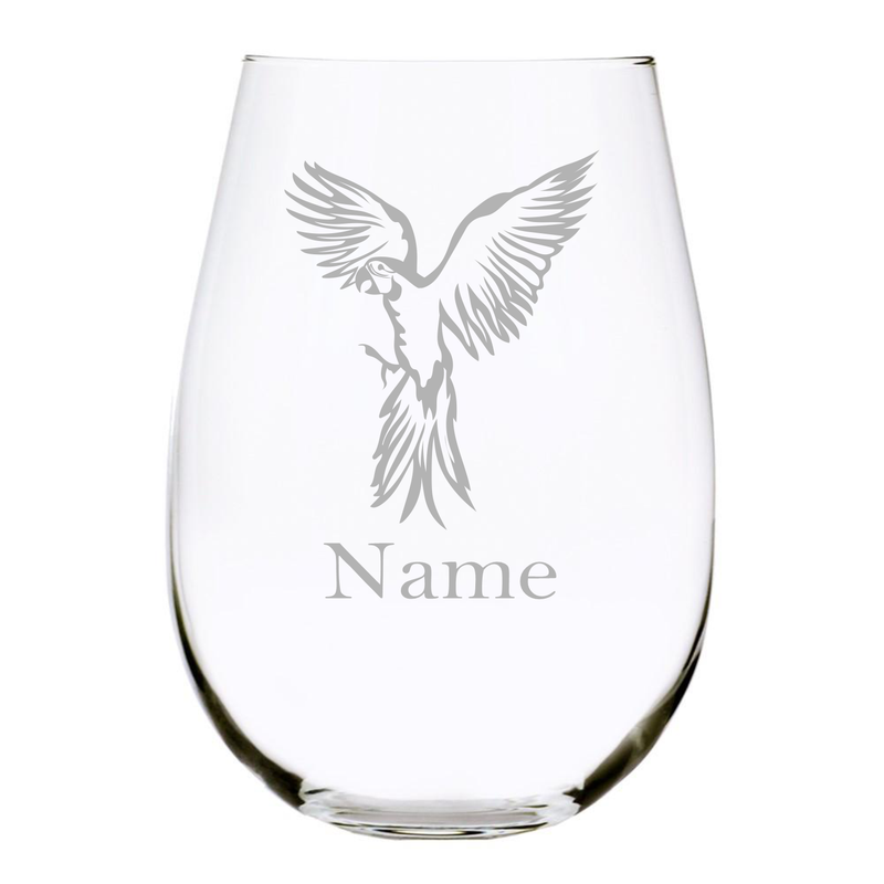 Parrot with name 17 oz. stemless wine glass