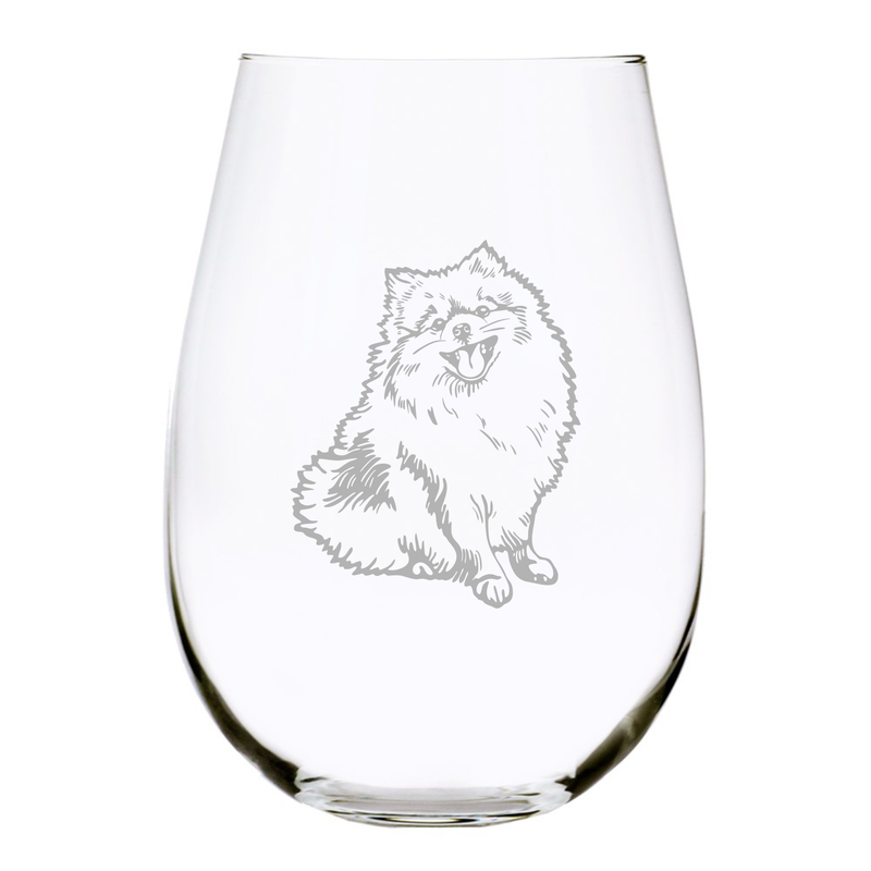 Pomeranian (P1) themed, dog stemless wine glass, 17 oz.