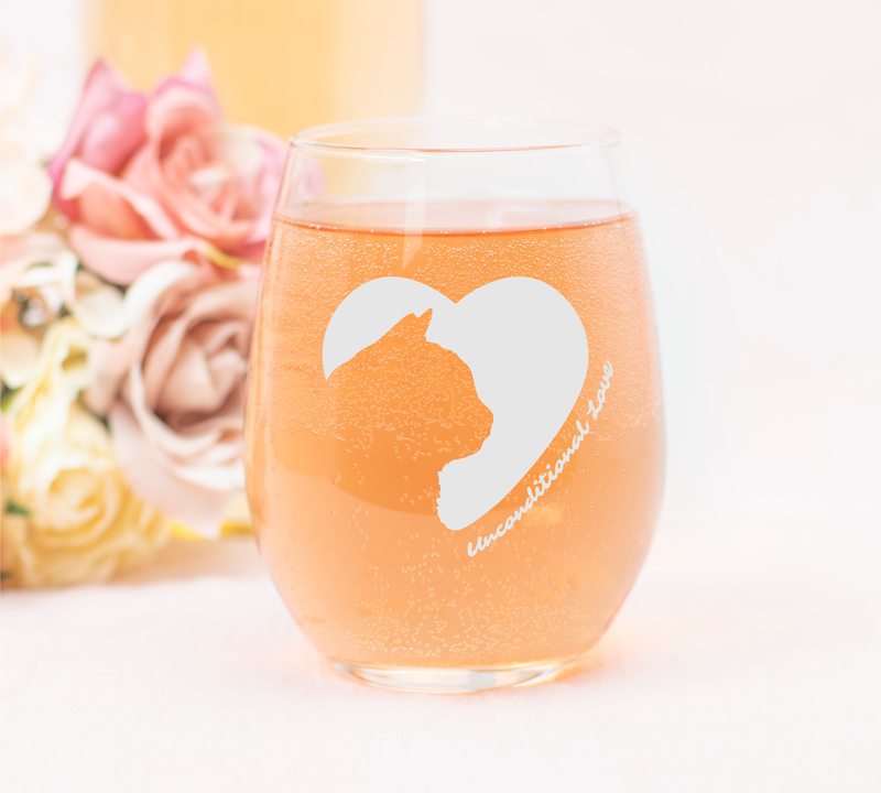 Cat Silhouette Heart Unconditional Love Stemless Wine Glass - Gift for Cat Lovers for Women and Men - 17 oz.