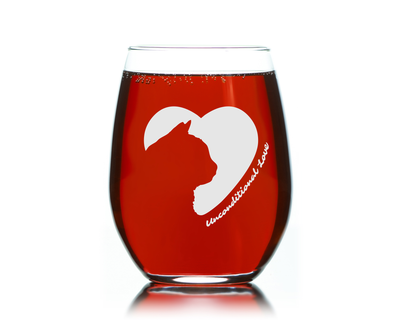 Cat Silhouette Heart Unconditional Love Stemless Wine Glass - Gift for Cat Lovers for Women and Men - 17 oz.