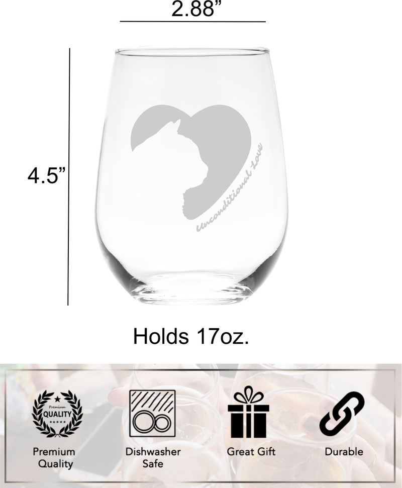 Cat Silhouette Heart Unconditional Love Stemless Wine Glass - Gift for Cat Lovers for Women and Men - 17 oz.