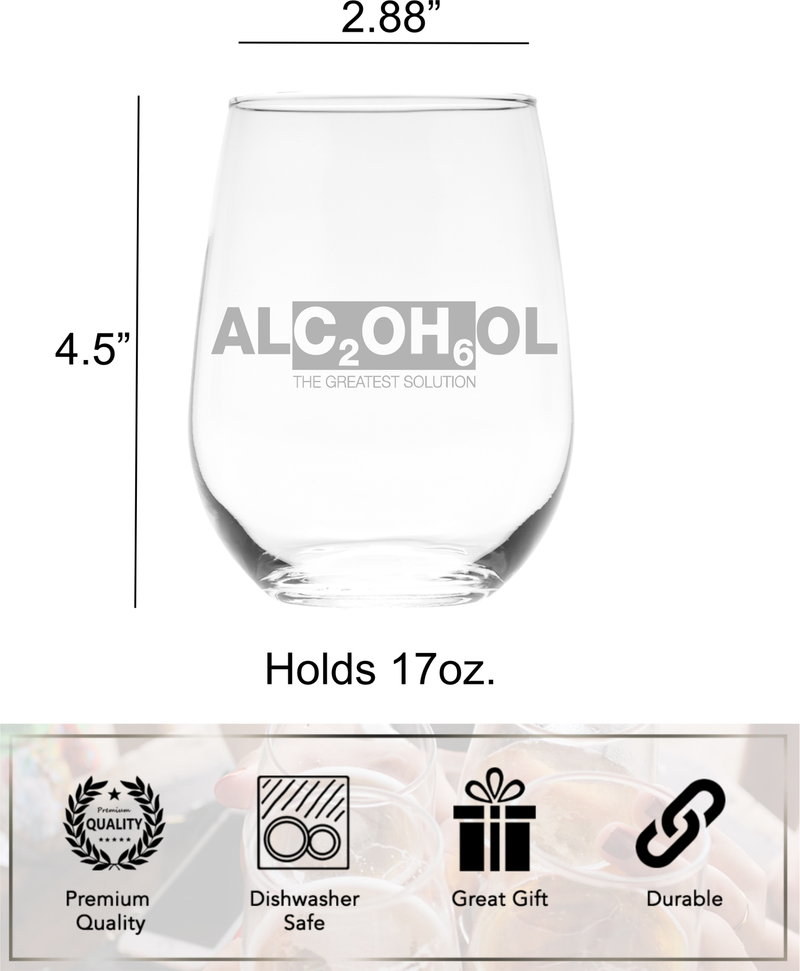 Alcohol  The Greatest Solution Stemless Wine Glass -  Gift for Women and Men - 17 oz.