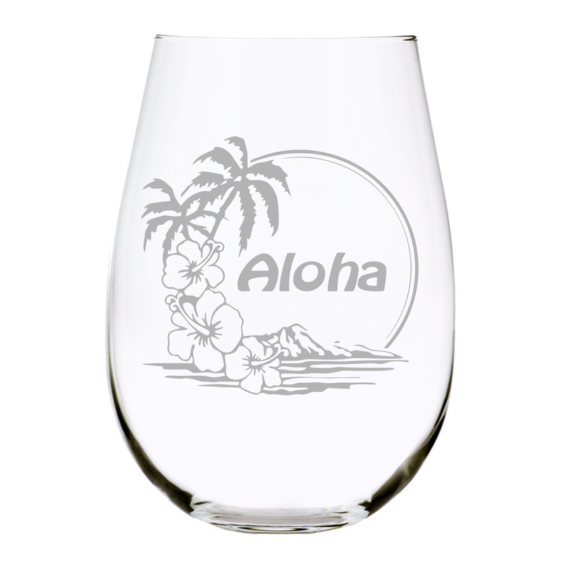 Aloha island inspired theme stemless wine glass, 17 oz.