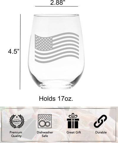 American Flag Stemless Wine Glass  - Flag Themed Gift for Men and Women -  17 oz.