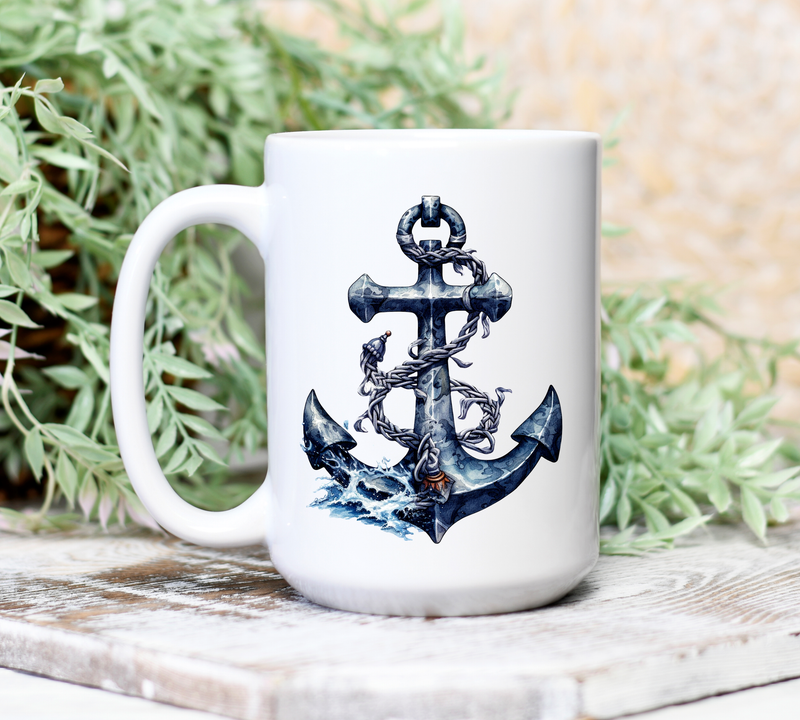 Anchor Decor Nautical Ceramic Coffee Mug 15oz - Anchor Lover Gift - Boat Lover Gift - Ocean Lover Gift