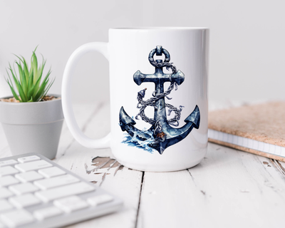 Anchor Decor Nautical Ceramic Coffee Mug 15oz - Anchor Lover Gift - Boat Lover Gift - Ocean Lover Gift
