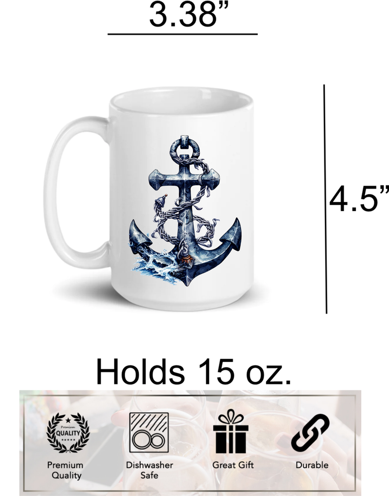 Anchor Decor Nautical Ceramic Coffee Mug 15oz - Anchor Lover Gift - Boat Lover Gift - Ocean Lover Gift