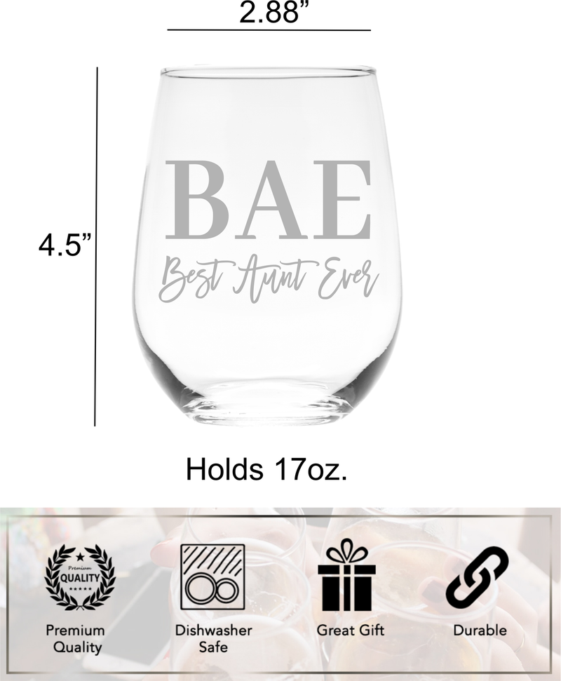 BAE - Best Aunt Ever Stemless Wine Glass - Aunt Gift for Women - 17 oz.