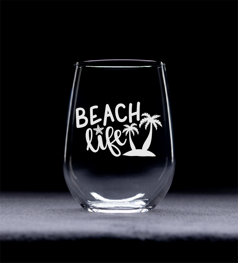 Beach Life Stemless Wine Glass - Beach Lover Gift for Women and Men - 17 oz.