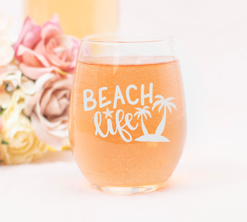 Beach Life Stemless Wine Glass - Beach Lover Gift for Women and Men - 17 oz.
