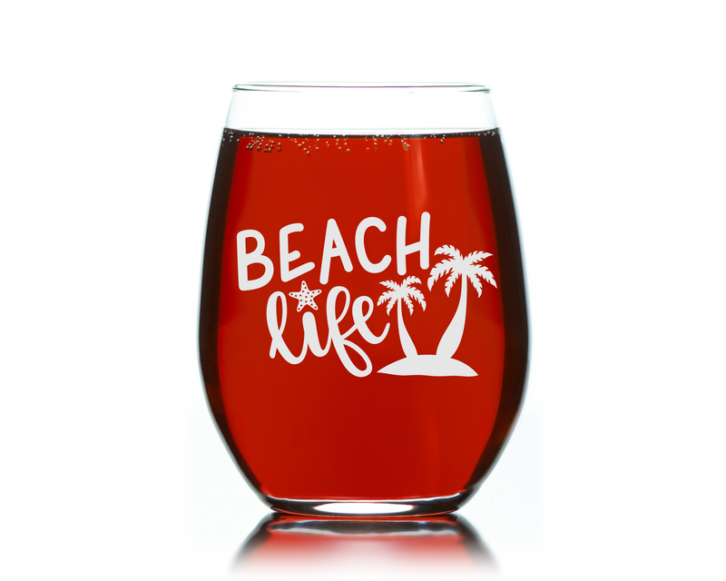 Beach Life Stemless Wine Glass - Beach Lover Gift for Women and Men - 17 oz.