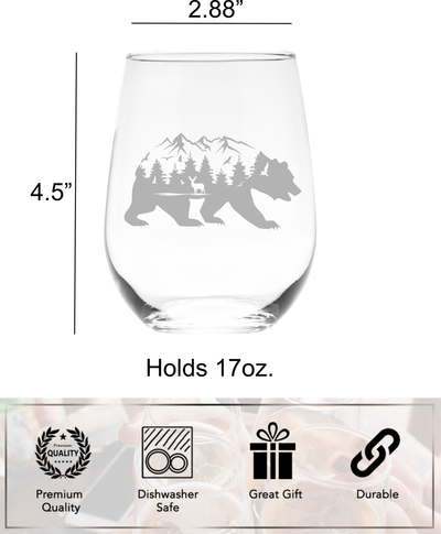 Bear Stemless Wine Glass, 17 oz. - Bear Themed Gift for Men and Women (Style B2)