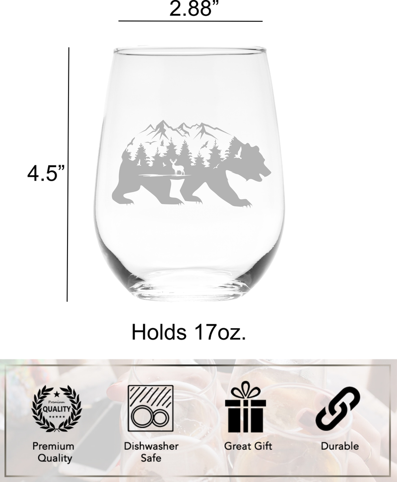 Bear Stemless Wine Glass, 17 oz. - Bear Themed Gift for Men and Women (Style B2)