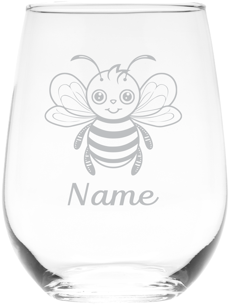 Bee with Name 17 oz.  Custom Stemless Wine Glass - Personalized Bee Lover Themed Gift for Women and Men