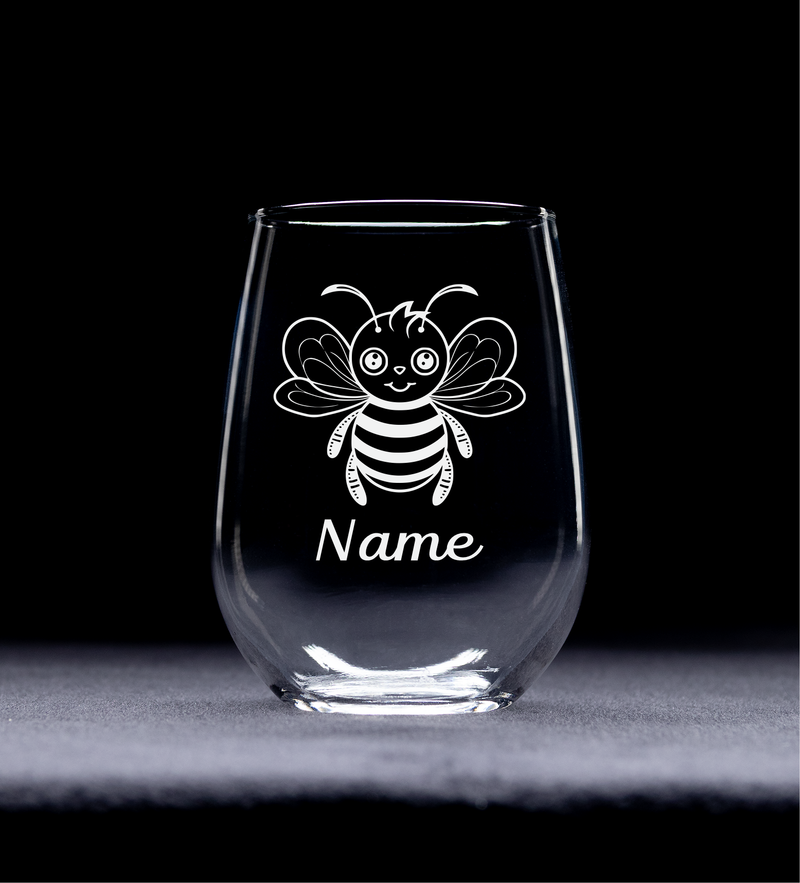 Bee with Name 17 oz.  Custom Stemless Wine Glass - Personalized Bee Lover Themed Gift for Women and Men
