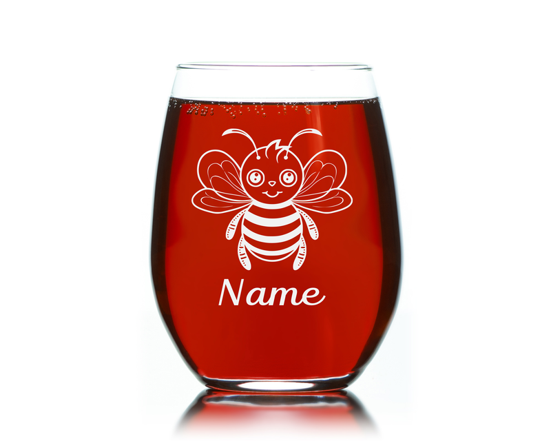 Bee with Name 17 oz.  Custom Stemless Wine Glass - Personalized Bee Lover Themed Gift for Women and Men