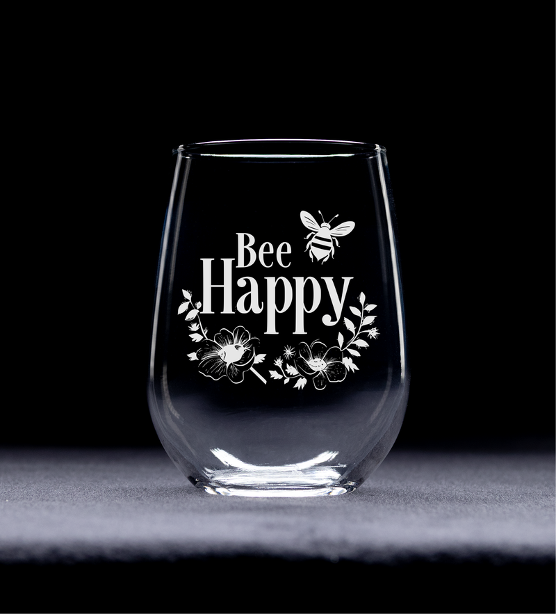 Bee Happy with Flowers Stemless Wine Glass - Bee Themed Gift for Women and Men - 17 oz.