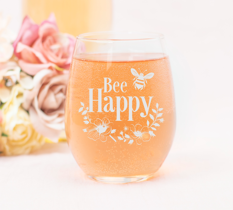 Bee Happy with Flowers Stemless Wine Glass - Bee Themed Gift for Women and Men - 17 oz.