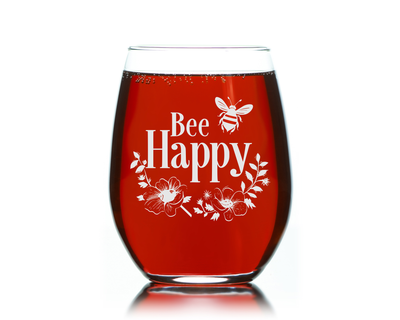 Bee Happy with Flowers Stemless Wine Glass - Bee Themed Gift for Women and Men - 17 oz.
