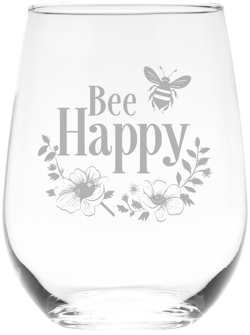 Bee Happy with Flowers Stemless Wine Glass - Bee Themed Gift for Women and Men - 17 oz.