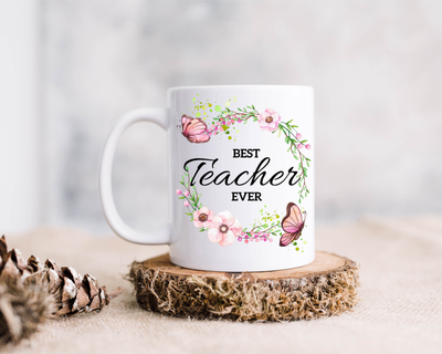 Best Teacher Ever ceramic coffee mug, 15 oz. with butterflies and flowers