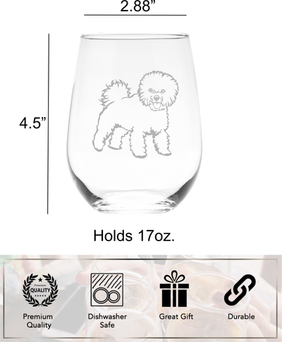 Bichon Frise themed, dog stemless wine glass, 17 oz. - Dog Lover Gift (Style F2)