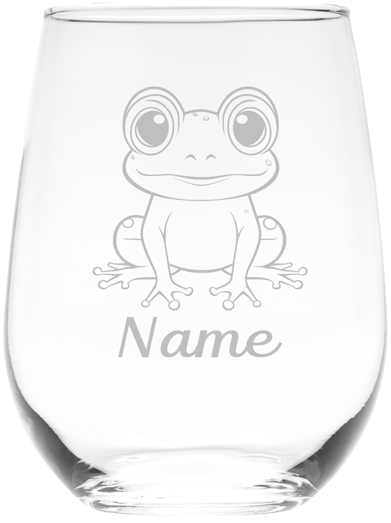 Big Eyes Frog with Name 17 oz Stemless Wine Glass - Personalized Frog Themed Gift for Women and Men