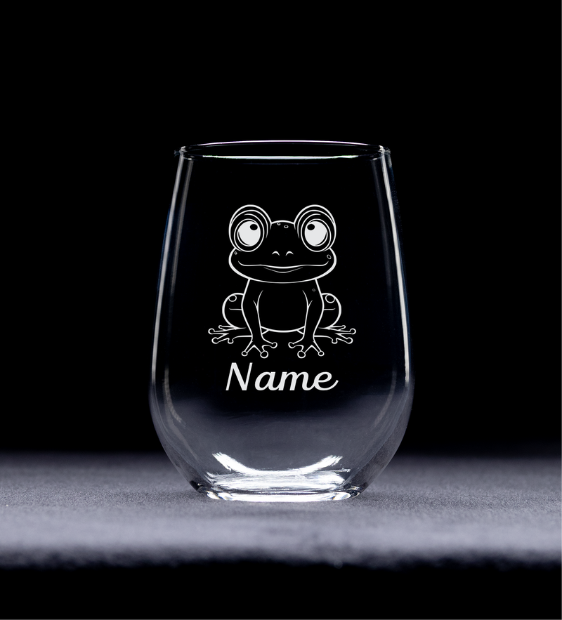 Big Eyes Frog with Name 17 oz Stemless Wine Glass - Personalized Frog Themed Gift for Women and Men