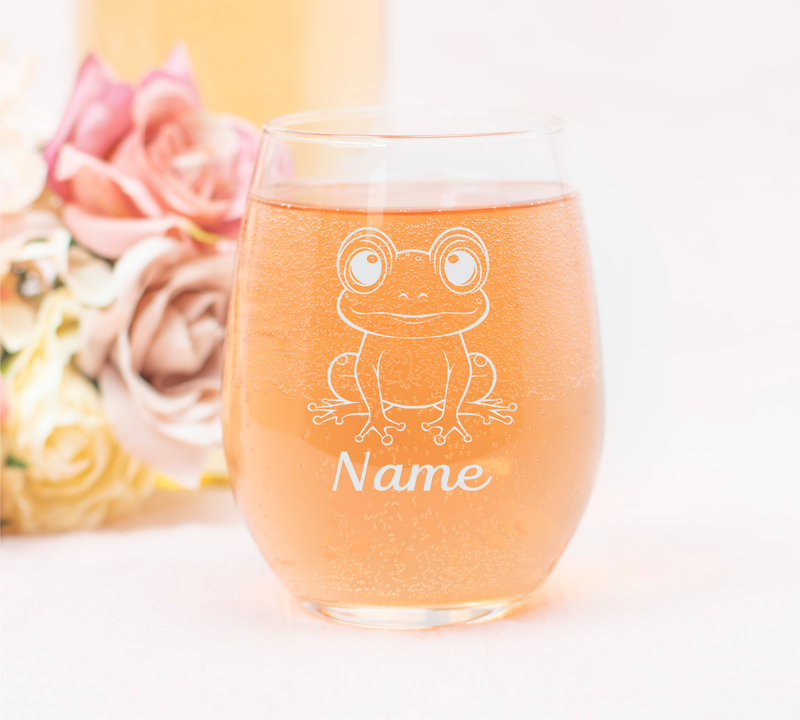 Big Eyes Frog with Name 17 oz Stemless Wine Glass - Personalized Frog Themed Gift for Women and Men