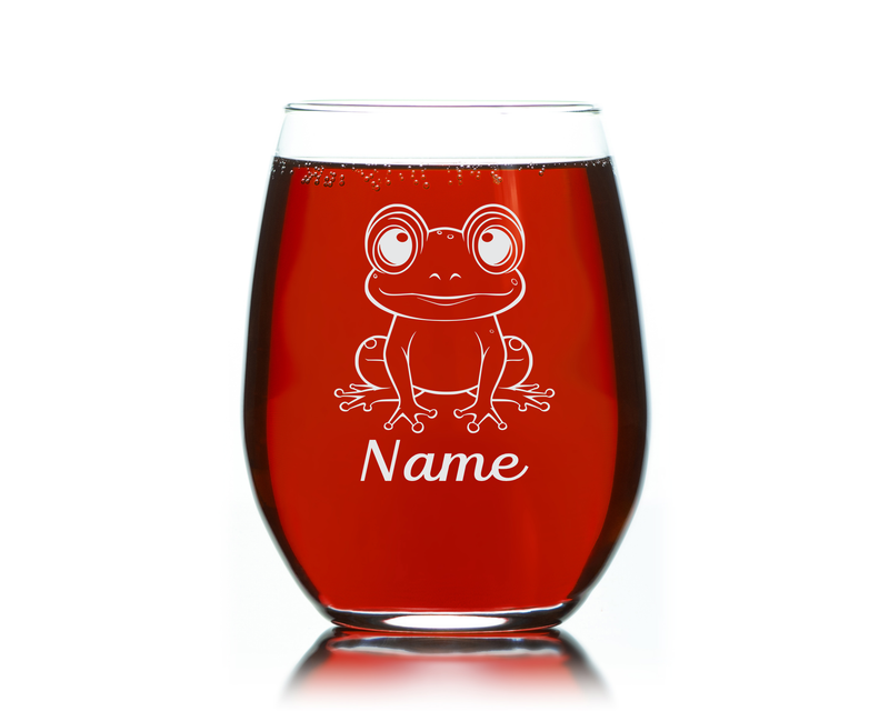 Big Eyes Frog with Name 17 oz Stemless Wine Glass - Personalized Frog Themed Gift for Women and Men