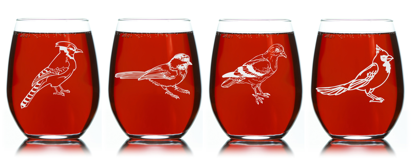Bird Stemless Wine Glass Set – Bird Themed Gift for Women and Men - 4 Pieces