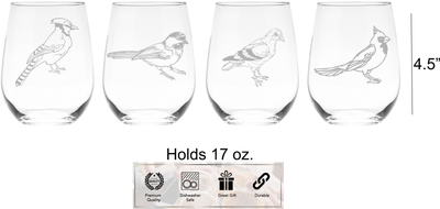 Bird Stemless Wine Glass Set – Bird Themed Gift for Women and Men - 4 Pieces