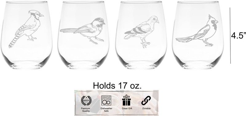 Bird Stemless Wine Glass Set – Bird Themed Gift for Women and Men - 4 Pieces