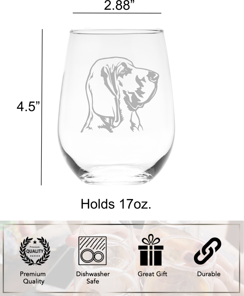 Bloodhound Themed, Dog Stemless Wine Glass  -  Dog Lover Gift for Men and Women 17 oz.  (Style B1)