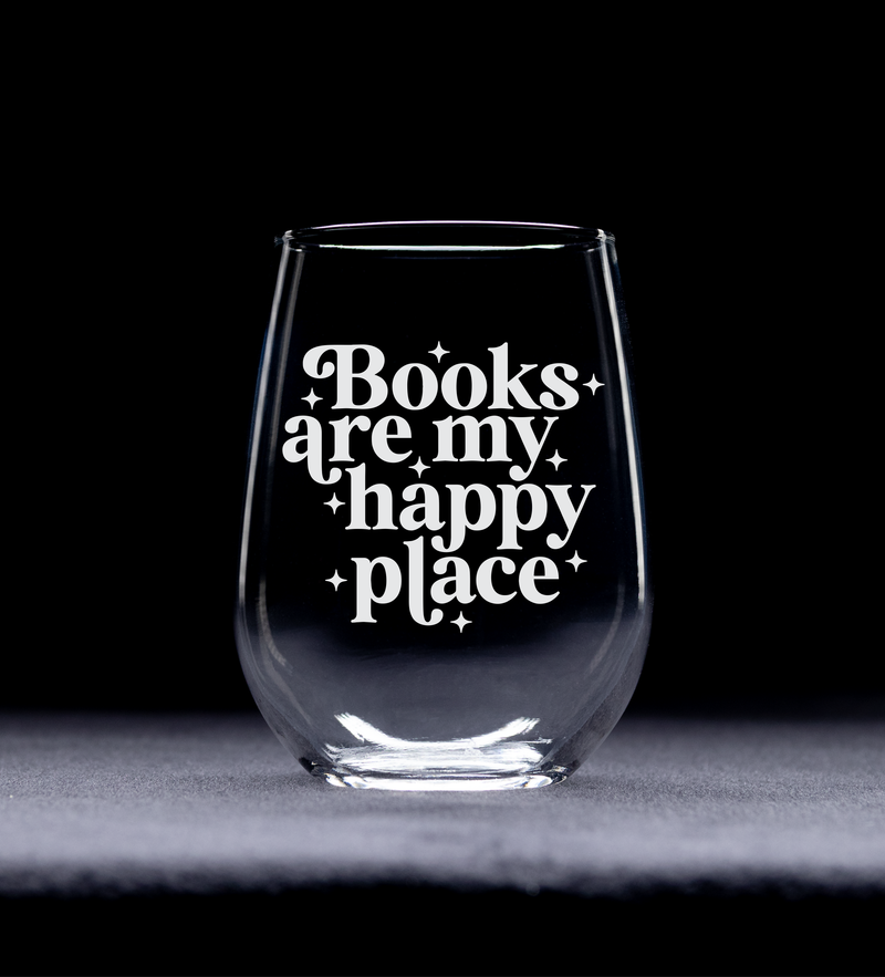Books Are My Happy Place Stemless Wine Glass - Book Lover Gift for Women and Men - 17 oz.