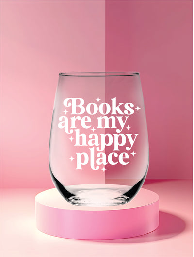 Books Are My Happy Place Stemless Wine Glass - Book Lover Gift for Women and Men - 17 oz.