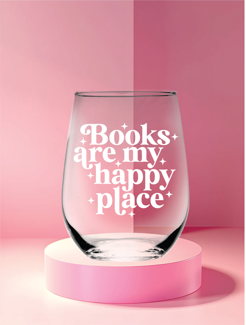 Books Are My Happy Place Stemless Wine Glass - Book Lover Gift for Women and Men - 17 oz.