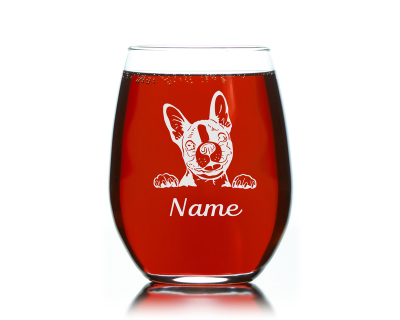 Boston Terrier Dog with Name 17 oz.  Custom Stemless Wine Glass - Personalized Boston Terrier Dog Themed Gift for Women and Men