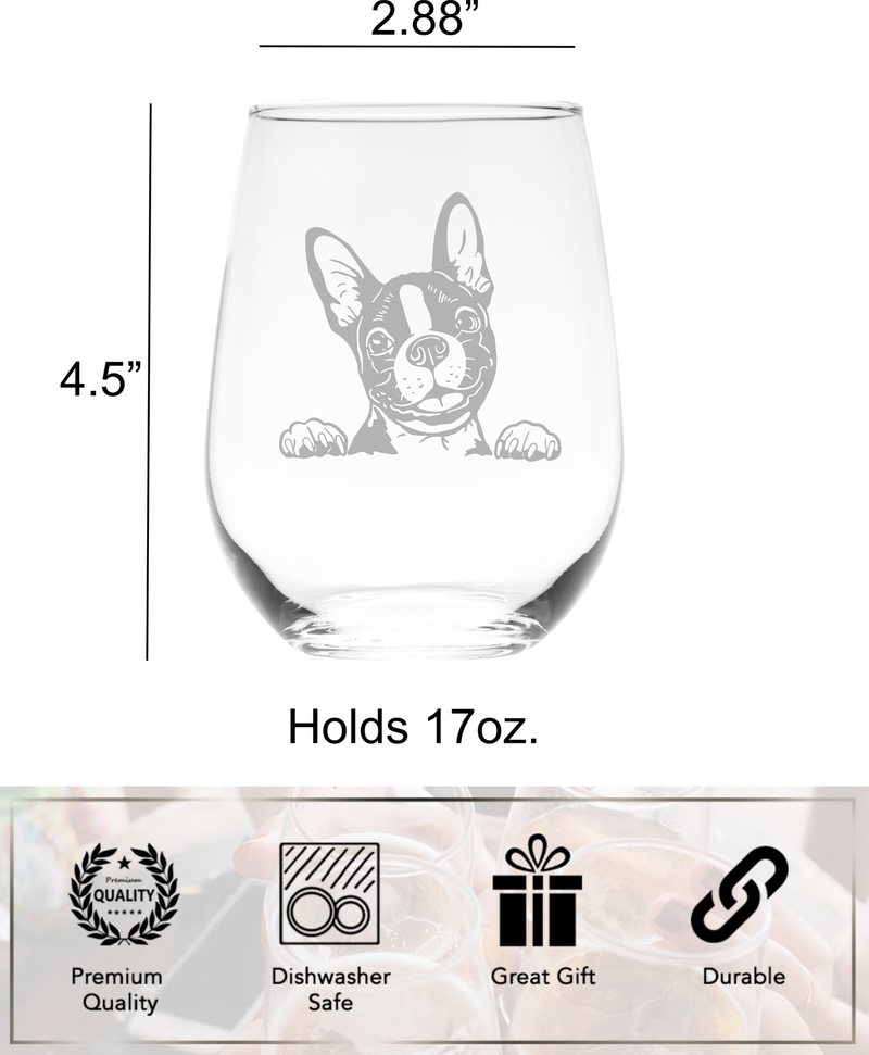 Boston Terrier Dog Themed Stemless Wine Glass 17 oz.  - Boston Terrier Gift for Men and Women
