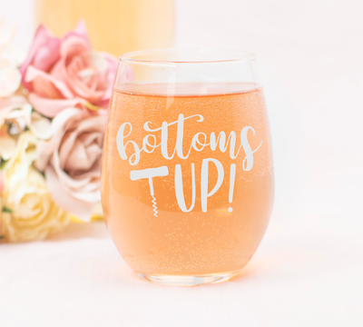 Bottom's Up with Corkscrew Design Funny Stemless Wine glass - Funny Themed Gift for Men and Women 17 oz.