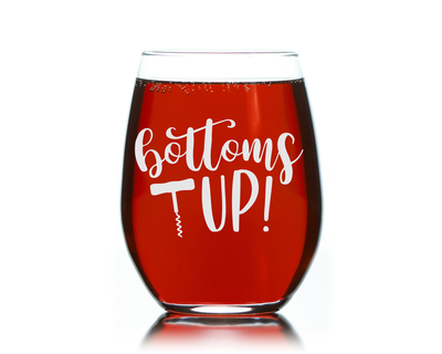 Bottom's Up with Corkscrew Design Funny Stemless Wine glass - Funny Themed Gift for Men and Women 17 oz.